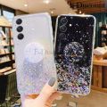 New Phone Case For Samsung Galaxy M34 Cover Glitter Bling Soft Stars Moon Sequins Folding Bracket Transparent For Galaxy M34 Case.