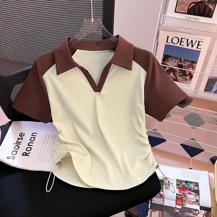 Sweet%20and%20Spicy%20Drawstring%20Contrast%20Color%20Short%20Sleeve%20polo%20Collar%20T%20T-shirt%20Women's%20Summer%20Loose%20Slimming%20Chic%20Half%20Sleeve%20Top%20-%20Image%202
