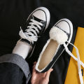 Black Canvas Shoes for Female Students Korean Style Velvet Shoes Winter Warm Cotton-Padded Shoes for Junior High School Students Flat Non-Slip Sneakers. 
