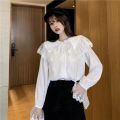 French Vintage Doll Collar Shirt Women Trend Korean Chiffon Cute Lace Patchwork Button up Lolita Blouse Preppy Top Long sleeve. 
