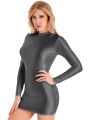 Womens Glossy Long Sleeve Bodycon Dress Stretchy Solid Color Slim Fit Mini Dress Ladies Smooth Mock Neck Tight Dresses Clubwear. 
