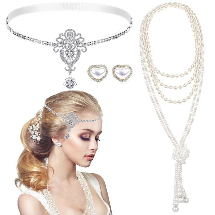 3Pcs%20Vintage%20Court%20Style%20Gatsby%20Jewelry%20Set%20Women%20Girls%201920s%20Vintage%20Costume%20Pearl%20Earring%20Necklace%20Hair%20Band%20-%20Image%202