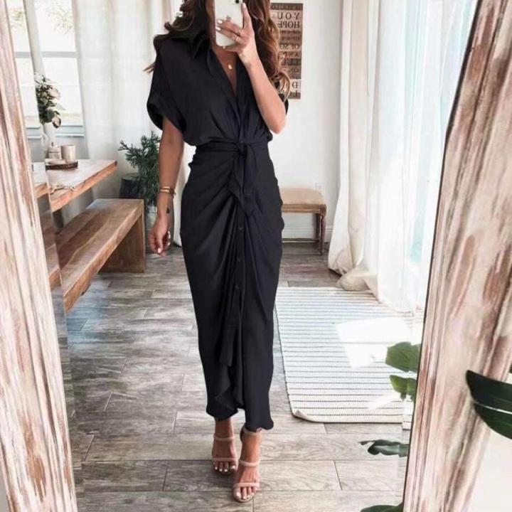 Fashion Sexy Deep V Draped Shirt Long Dress Casual Lady Button Slit Bandage Beach Dress Women Elegant Short Sleeve Party Dresses