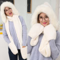 Women Thick Wool collar Hat Ear Protectors Warm Plush Hat Scarf Gloves Set. 