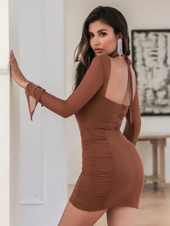 Mozision%20Two%20Layer%20Mesh%20Mini%20Dress%20For%20Women%20Elegant%20Square%20Collar%20Full%20Sleeve%20Bodycon%20Ruched%20Party%20Short%20Dress%20Vestido%20-%20Image%203
