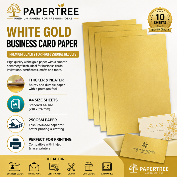White Gold Business Card Printing Paper A4 300GSM 10 Sheets Premium Art Card for Printing & Craft