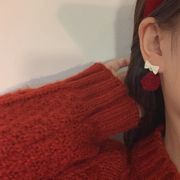 Autumn%20Winter%20Vintage%20Temperament%20Bow%20Japanese%20Korean%20Niche%20Red%20Flocking%20Rose%20Earrings%20Jewelry%20Gift%20-%20Image%202