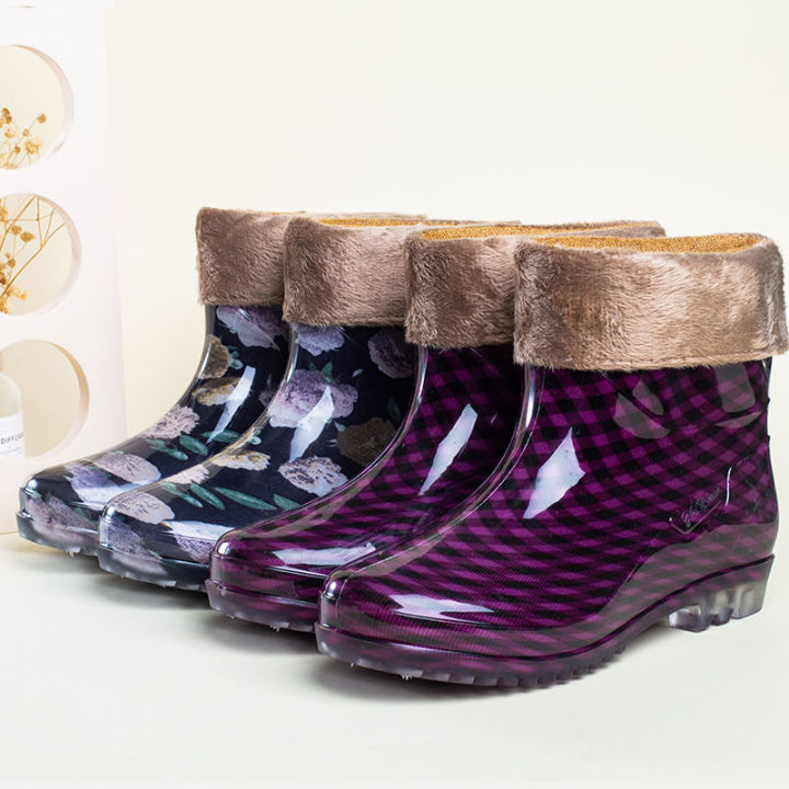 Rain Shoes Short Tube Rain Boots Women's Low-Cut Cotton and Velvet Padded Shoes Warm Waterproof Shoes Rain Shoes Non-Slip Women's Rain Rubber Boots Work Shoes Rubber Boots