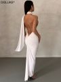 Halter Backless Maxi Dresses For Women Summer 2023 Elegant Mermaid Long Party Evening Dress Bandage Ruched Bodycon Dress White. 