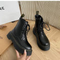 Minimalist Lace-up Combat Women Boots 5Cm Chunky Heel Platform Women Boots British Style Thick Sole Increase Height Casual Boots.