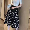 Bow Print Chiffon Skirt Maternity Dress2023Loose High Waist Drooping Mid-LengthaLine Skirt Belly Support Skirt. 