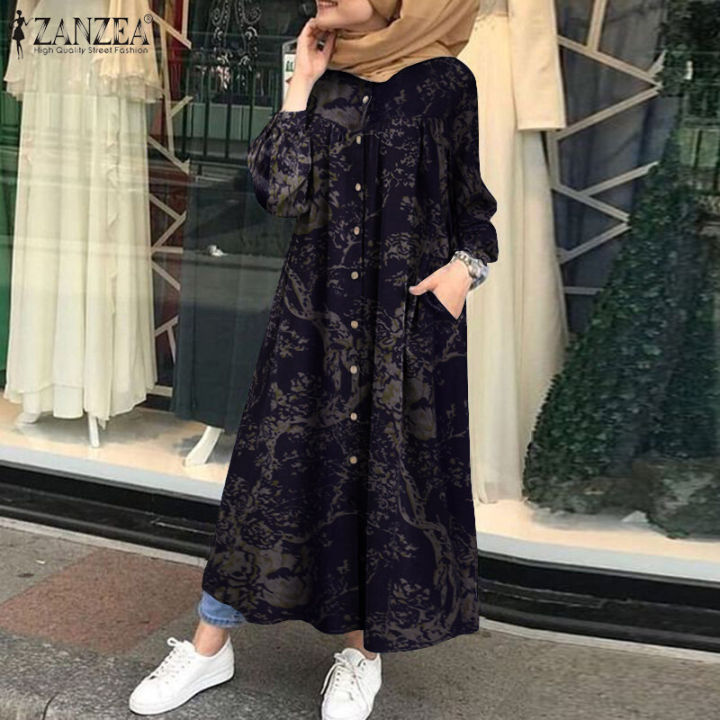 ZANZEA%20Muslimah%20Wanita%20Muslim%20Lengan%20Panjang%20Butang%20Retro%20Floral%20Bercetak%20Abaya%20Kaftan%20Baggy%20Pakaian(#2)%20-%20Image%202