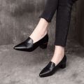 Soft Leather Mid Heel Pointed Toe Shoes Women's Spring and Autumn New European Station Women's Chunky Heels All-Match Brown Small Leather Shoes. 