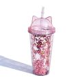 420ml Cat Ear Water Bottle For Girls with Sequins BPA FREE Double wall Tumbler with straw reusable Smoothie Cup Drinkware. 
