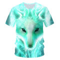 2021 fashion 3D glowing blue rose Wolf T shirt printed cool funny t shirt summer short sleeve o neck animal T-shirt male casual. 