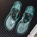 Transparent beach sandals korean version female internet celebrity jelly crystal clip foot flip flops summer korean version students wear flat soles outside.