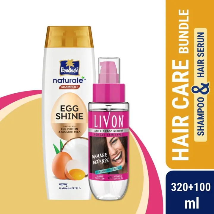 HAIR CARE BUNDLE - Parachute Naturale Shampoo Egg Shine 320ml & Livon Hair Serum 100ml
