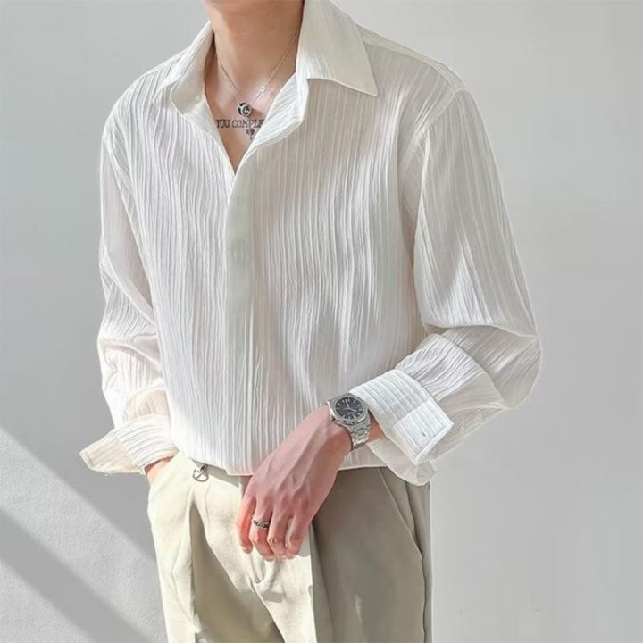 Men's Luxury Suit Collar Texture Shirt Vintage Casual Drapped Solid Color Button-down Long Sleeve Shirts for Men Spring Clothing KEEMEEUYZO
