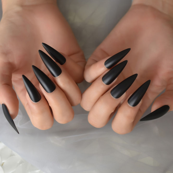 Solid%20Black%20Pointed%20Design%20Press%20on%20Nail%20Long%20Matte%20Frosted%20Stiletto%20Full%20Cover%20Artificial%20False%20Nails%20for%20Women%20Salon%20Home%20-%20Image%203