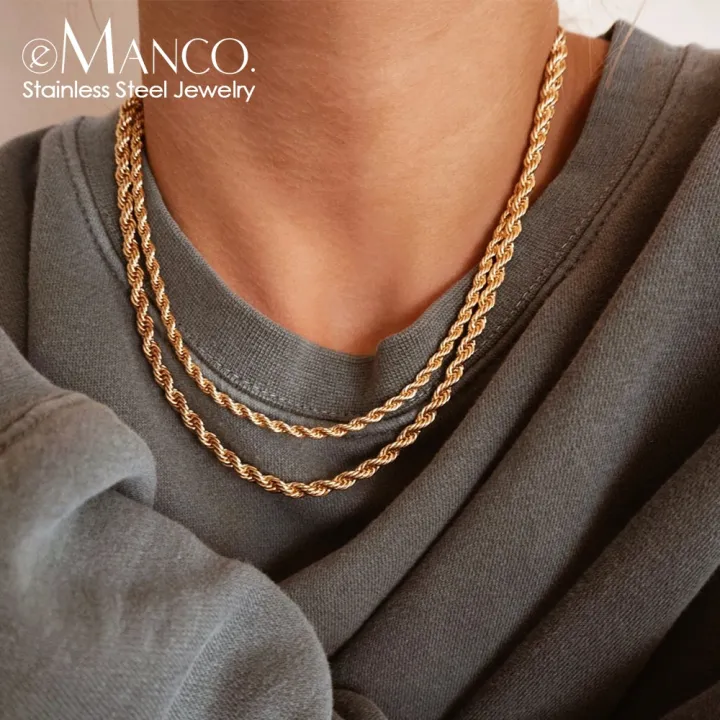 e-Manco 3/4MM 316L Rope Chain Necklace Stainless Steel Never Fade Waterproof Choker Men Women Jewelry Gold Color Chains Gif