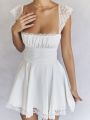 2023 Summer Elegant White Lace Strap Mini Dress For Women Fashion Sleeveless Backless Loose Short Dresses Pure Color Shapewear. 
