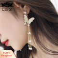 Lady Bling Rhinestone Inlaid Butterfly Long Tassel Faux Pearl Drop Stud Earrings. 