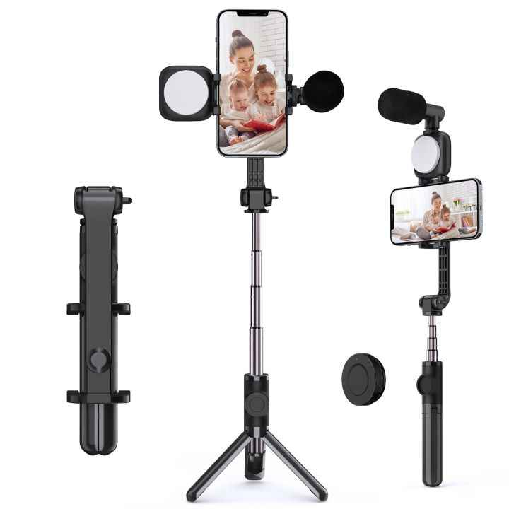 Andoer F3 Smartphone Video Kit Phone Video Rig with Rechargeable LED Video Light + Mini Microphone + Stretchable Selfie Stick Tripod-black