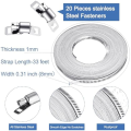 33Ft Stainless Steel Hose Clamp DIY Metal Strap and 20 Pcs Fasteners Adjustable Worm Gear Hose Clamps for Pipe Tube Easy Install Easy to Use.