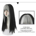 7JHH WIGS Highlighted Grey Black Kinky Straight Synthetic Wigs With Fluffy Bangs For Women Daily Wear Toupee Heat-Resistant Hair.