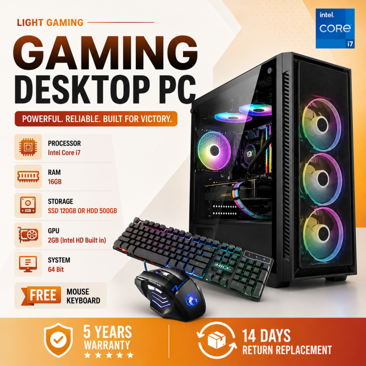 Intel Core i7 RAM 16GB SSD 120GB OR HDD 500GB GPU 2GB (Intel HD Built in) Gaming Desktop PC With Free Mouse Keyboard