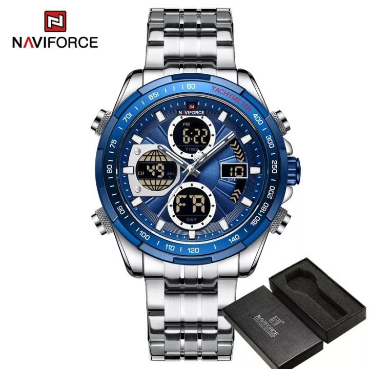 NAVIFORCE 9197 Top Brand Luxury Stainless Steel Blue Casual Men Watch Digital Male Clock Military Sport Man Wristwatch-Silver Blue