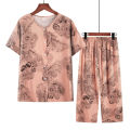 Middle-aged and elderly cotton silk pajamas, women's summer thin short-sleeved two-piece suits, summer cotton cotton silk home clothes can be worn outside. 