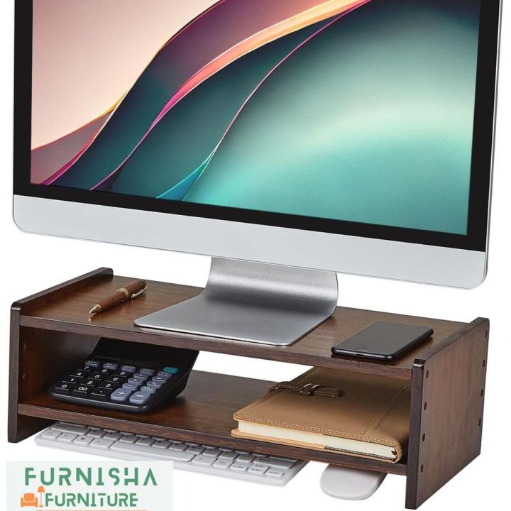 2 Tier Desktop Monitor Stand-Monitor Stand- Wood Monitor Stand-Monitor With Shelf For Laptop- Ergonomic - Computer - Modern - Office- Notebook- Pc - Monitor Stand Shelf 5/18''