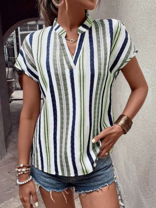 Europe%20and%20the%20United%20States%20women's%20summer%20multi-colored%20striped%20casual%20shirt%20V-neck%20short%20sleeve%20-%20Image%203
