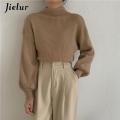 Jielur Lantern Sleeve Sweater Women Turtleneck Office Lady Pure Color Knitted Pullover Loose White Khaki Sweaters for Women. 