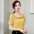 Summer New Women's Chiffon Shirt Women's Short Sleeve Col Claudine Top Elegant Korean Style Loose Undershirt. 