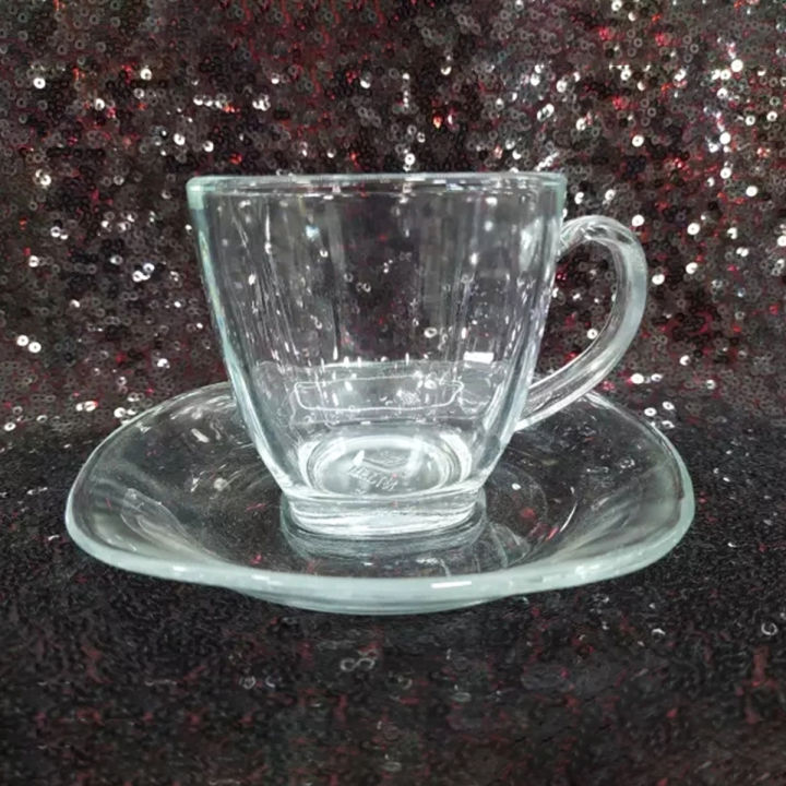 Glass Transparent Square Tea Cup 6 pieces and Saucer 6 pieces Set