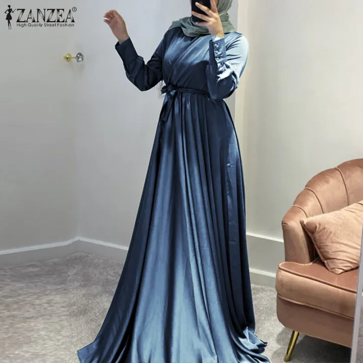 ZANZEA%20Muslimah%20Women%20Muslim%20V%20Neck%20Belt%20Long%20Sleeve%20Plain%20Satin%20Party%20Maxi%20Dress%20-%20Image%203