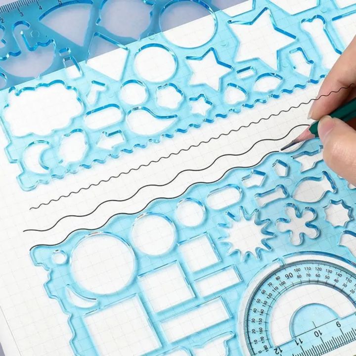 2Pcs Useful Geometric Ruler Clear Scale Study Lightweight Multi Shaped Hollowed-out Drawing Template