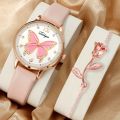 2pcs/set Women's Watch Butterfly Fashion Quartz Watch Analog PU Leather Wrist Watch & Rose Flower Bracelet, Valentines Gift For Her. 