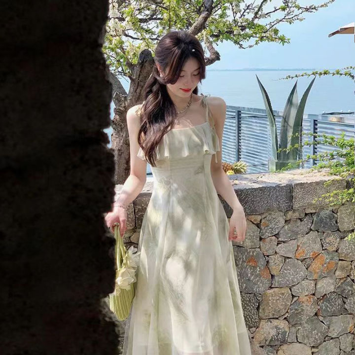 2024 Korean summer new camisole long dress with fairy ruffle edge printed sleeveless temperament picture color