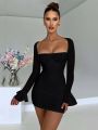 Mozision Elegant Backless Mini Dress For Women Robe Two Layer Mesh Full Sleeve Zipper Bodycon Party Short Dress Vestido. 