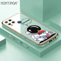 Hontinga for Realme C15 Back Cover + Free Lanyard Luxury 6D Plating Cartoon Happy Astronaut Side Pattern Case Soft Silicone Square Mobile Cover.