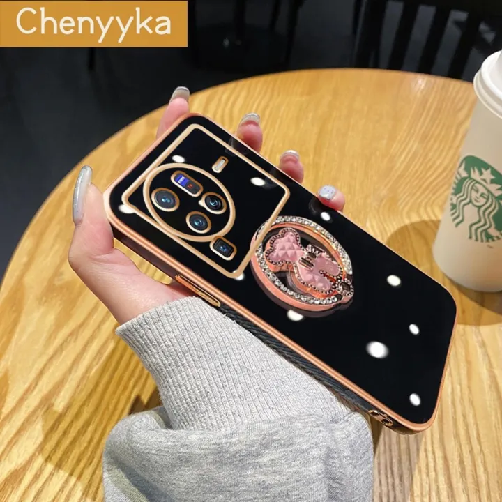 Chenyyka For vivo X80 Pro Case Flash Drill Metal Rotate Bracket Design Side Square Edge Plating Silicone Soft Casing Full Lens Camera Protection Back Cover