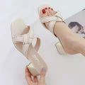 Birthday Slippers for Women Leather Outdoor2023New Mid Heel Chunky Heel Slip-on Lofter Sandals for Women. 