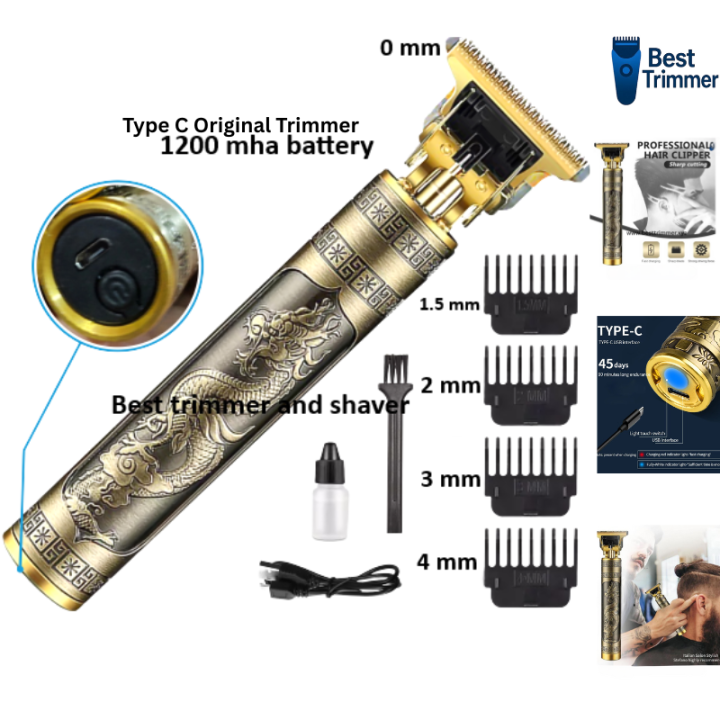 Vintage T9 Recharge Professional Hair Trimmer metal body with type C fast charging port