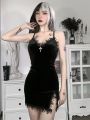 Dark Cross Black Mini Dress Vintage Spaghetti Strap High Waist Slit Dresses Goth Party Club Women Dress. 