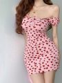 Dress Women's Autumn New Pure Desire Elegant Heart Printed Design Lace-up Sweet Hot Girl Slim-Fit Hip Skirt.