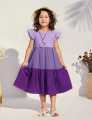 Kids’ Patchwork Midi Dress – Casual, Color Block, Flounce Sleeves, High Waist, Plain Design.