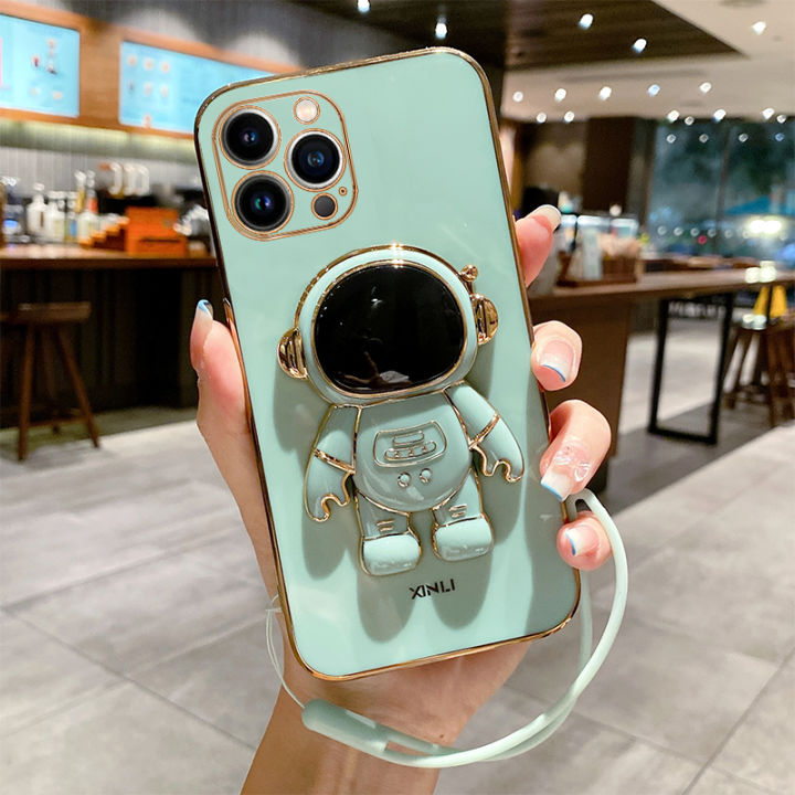 Maitus for iPhone 11 Pro Max Back Cover with Lanyard + Cute Astronaut Folding Stand Luxury 6D Plating Shiny Phone Case Soft Silicone Square Bumper Mobile Cases for Boy Girls